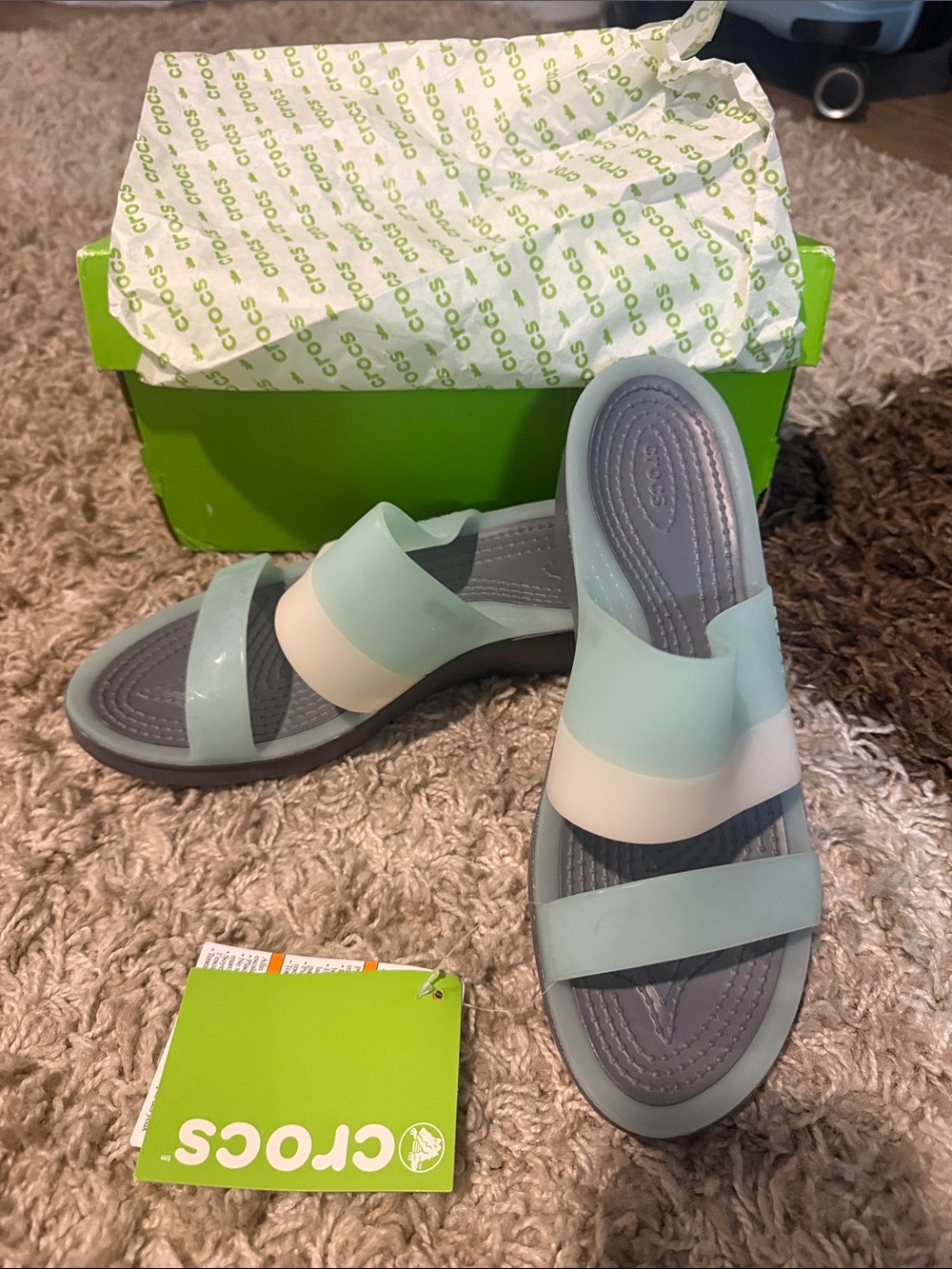 CROCS Two-Tone Mint and Gray Slide Sandals
